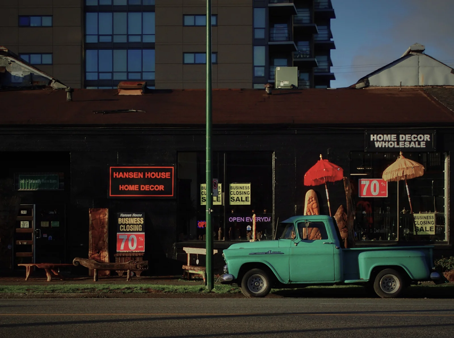 Former Hansen House and Home Decor storefront at 289 W 2nd Ave, Vancouver, known for its perpetual closeout sales, now vacant and awaiting redevelopment.