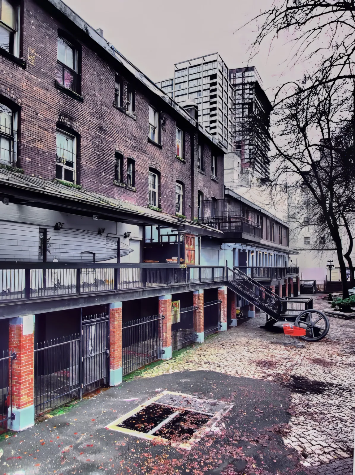 Historic Edwardian-style brick building in Gastown, Vancouver, known as the Hotel Stanley, located at 36 Blood Alley Square, surrounded by modern structures.