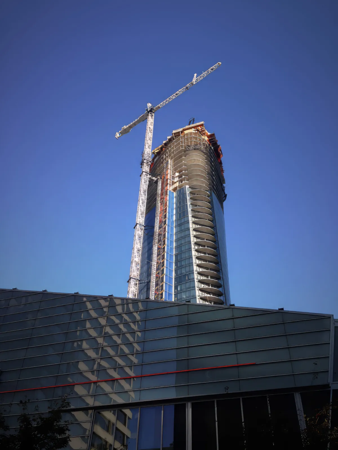 Trump Tower, currently Paradox Hotel Vancouver, under construction with a crane visible, located on West Georgia Street in Vancouver.